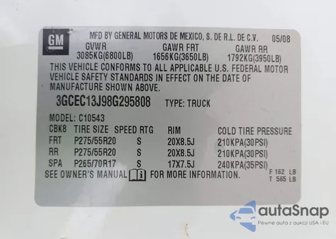 2008 Chevrolet Silverado 1500 Lt1 from USA, damaged, VIN 3GCEC13J98G295808